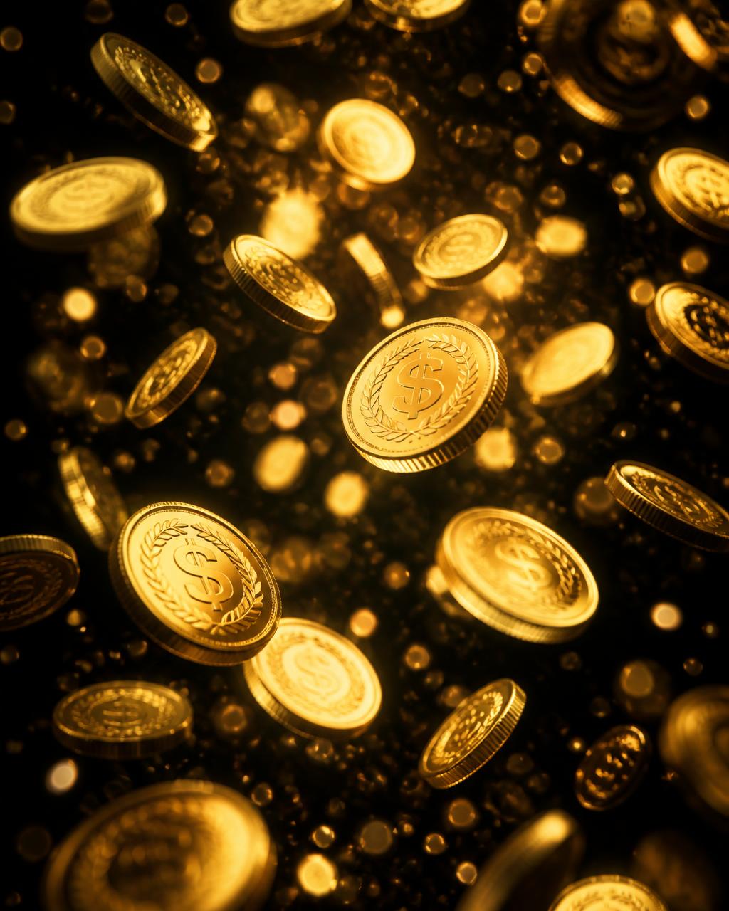 Golden coins falling through dark space